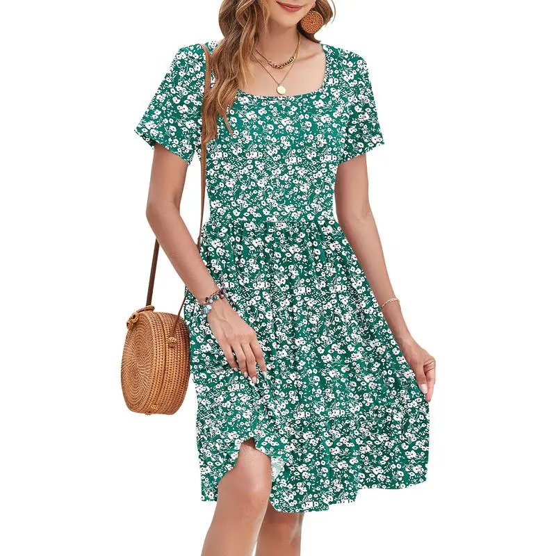 Women’s Ditsy Floral Square Neck A-Line Sundress with Pockets – Short Sleeve, Ruffle Hem