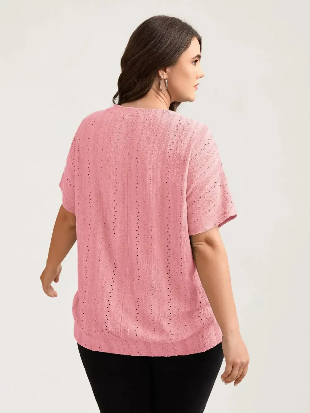 Eyelet Trim Stretchy Textured Plain Top