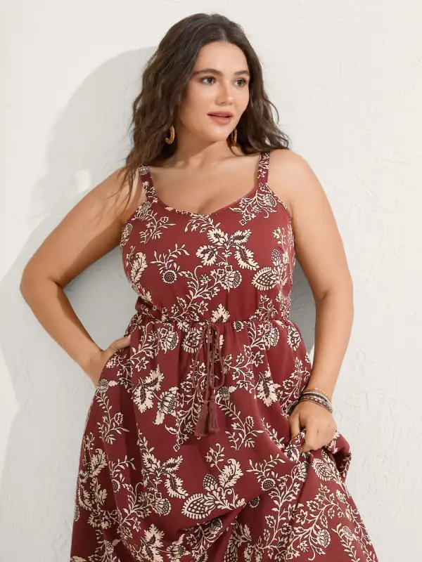 Floral Waist-Tie Pockets Midi Dress