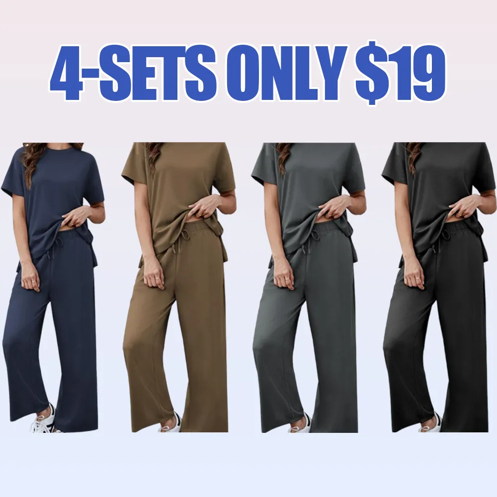 2 Piece Tracksuit for Womenswear Soft Short Sleeve Outdoor Wide Adjustable Leg Pockets Pants Lounge Matching Travel