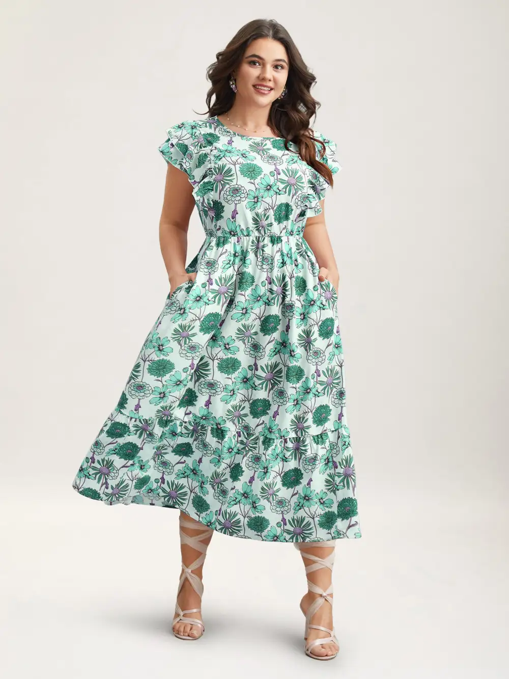 Ruffled Floral Print Stretchy-Waist Midi Dress