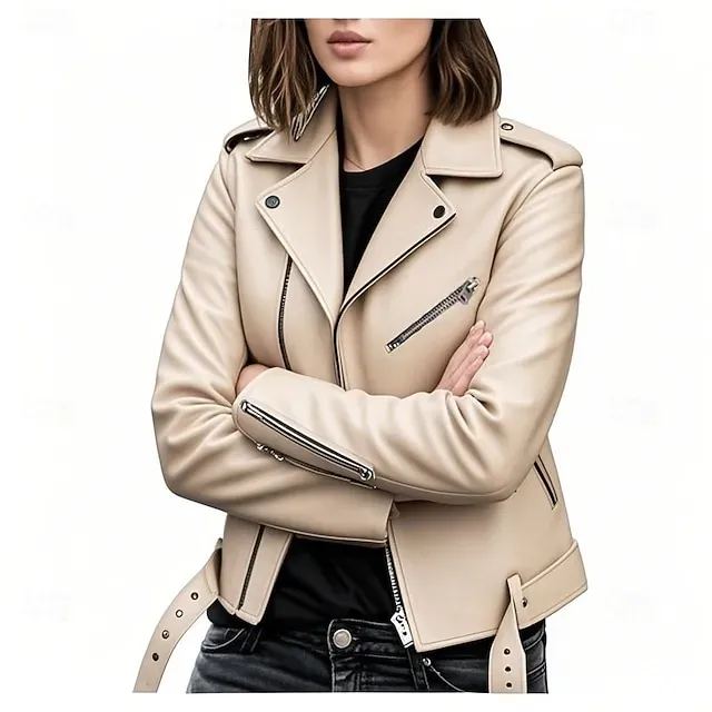 Women's Faux Leather Jacket Comfortable Full Zip Fashion Street Style Plain Outdoor Casual Daily Regular Turndown Regular Fit Long Sleeve Outerwear Silver Black Pink Spring Fall