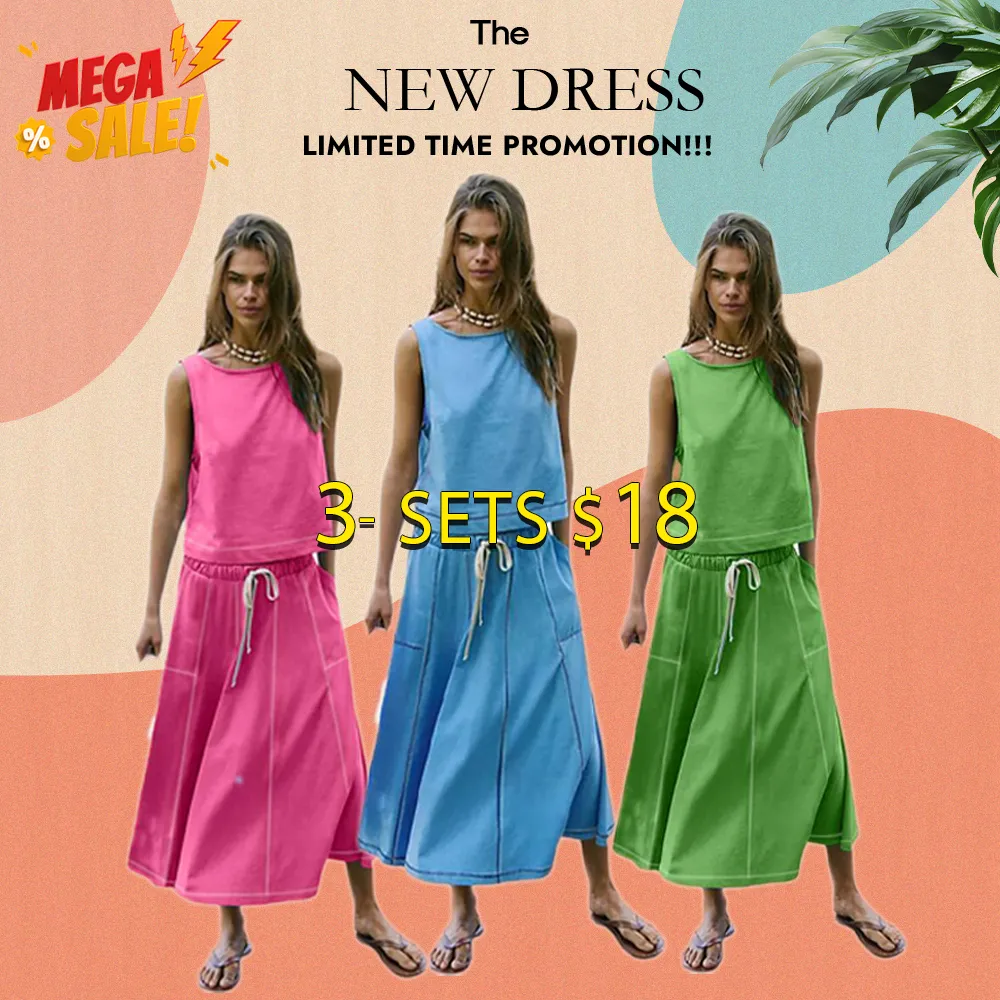 Women's Two-Piece Summer Skirt Set – Sleeveless Crop Top & Elastic Waist Maxi Skirt with Pockets