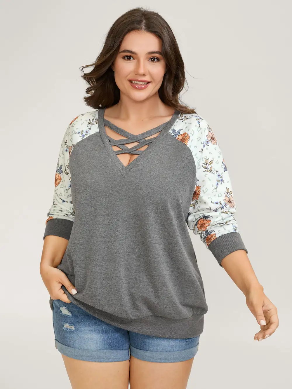 Floral Print Cross-Tie Neck Sweatshirt