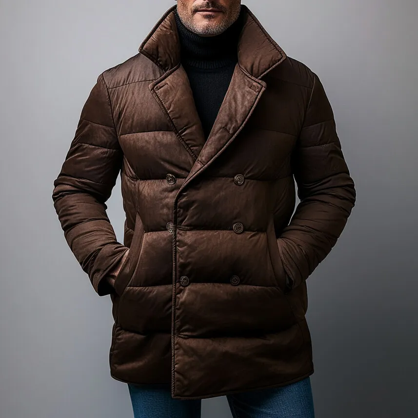 Men's Lapel Collar Double Breasted Pocket Cotton-Padded Coat