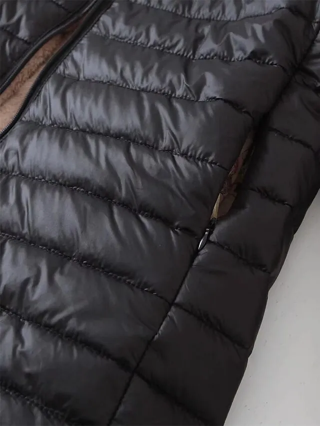 Women's Parka Quilted Coat Fleece Lined Sherpa Jacket Fall Long Coat Winter Puffer Jacket Windproof Warm Heated Coat Stylish Casual Jacket Long Sleeve Plain Full Zip Black