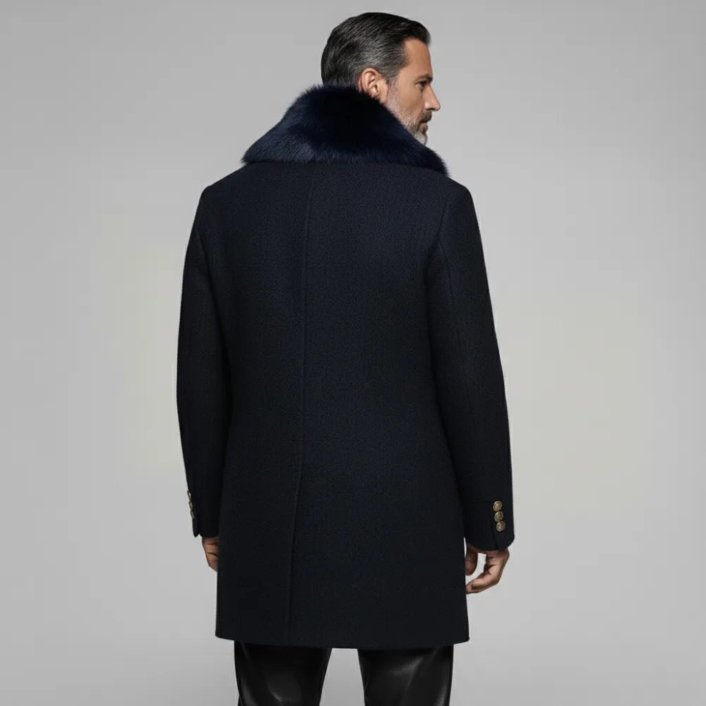 Men's Business Black Furry Collar Long Sleeve Double Breasted Mid-Length Overcoat