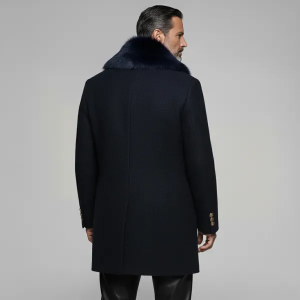 Men's Business Black Furry Collar Long Sleeve Double Breasted Mid-Length Overcoat