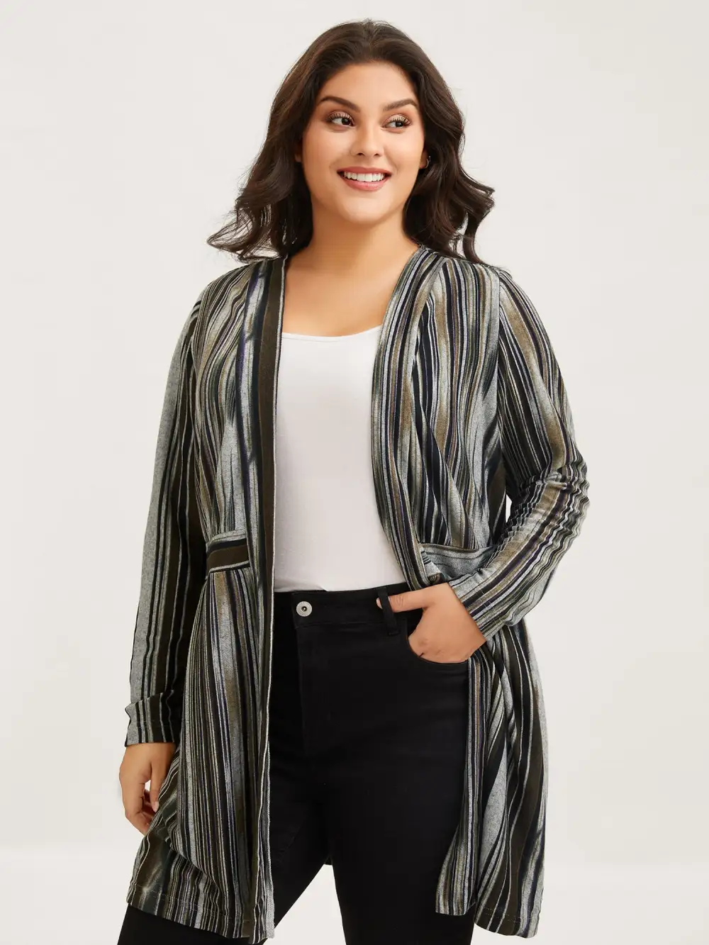 Colored Striped Open Front Waist Defining Jacket