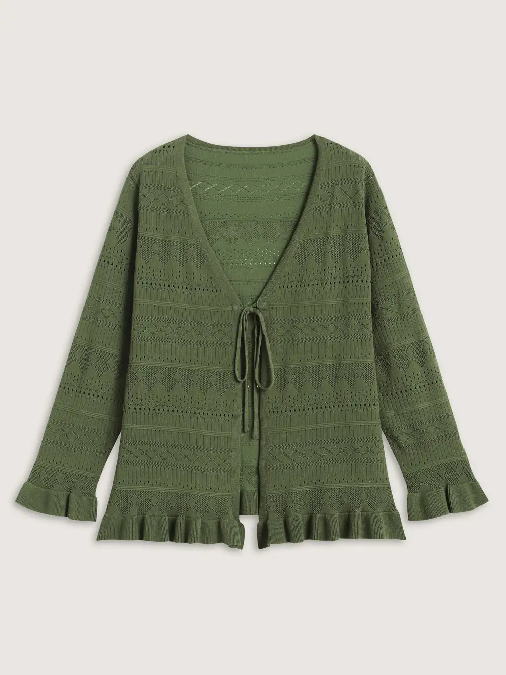 Ruffled Hem Front Tie Textured Lightweight Cardigan