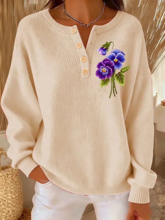 Women's Casual Purple Floral Button-Down Knitted Top