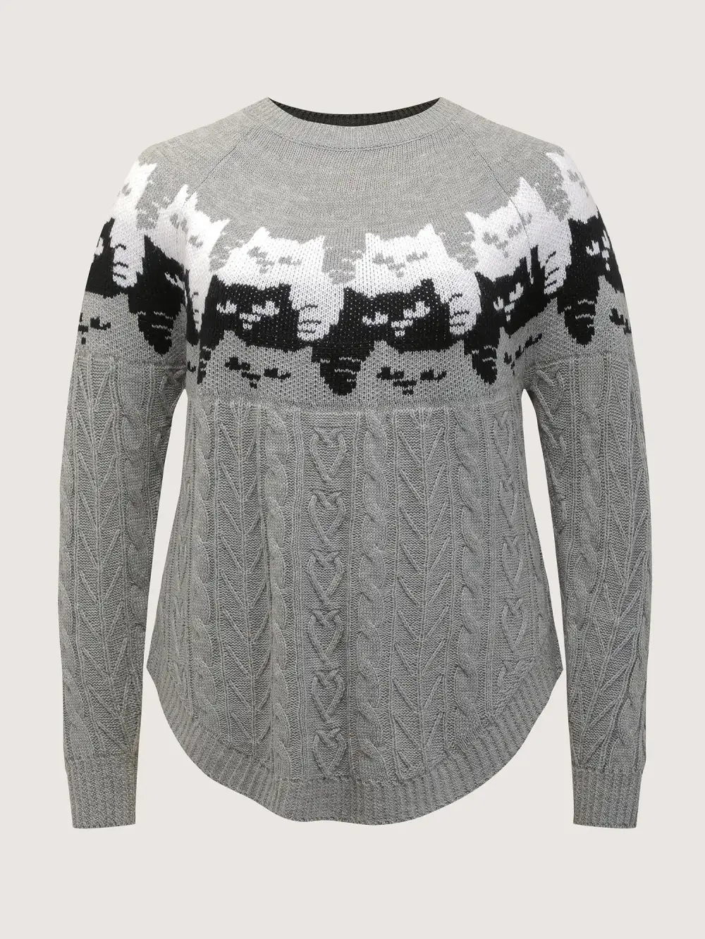 Color Block Cat Pattern Arc Hem Pullover