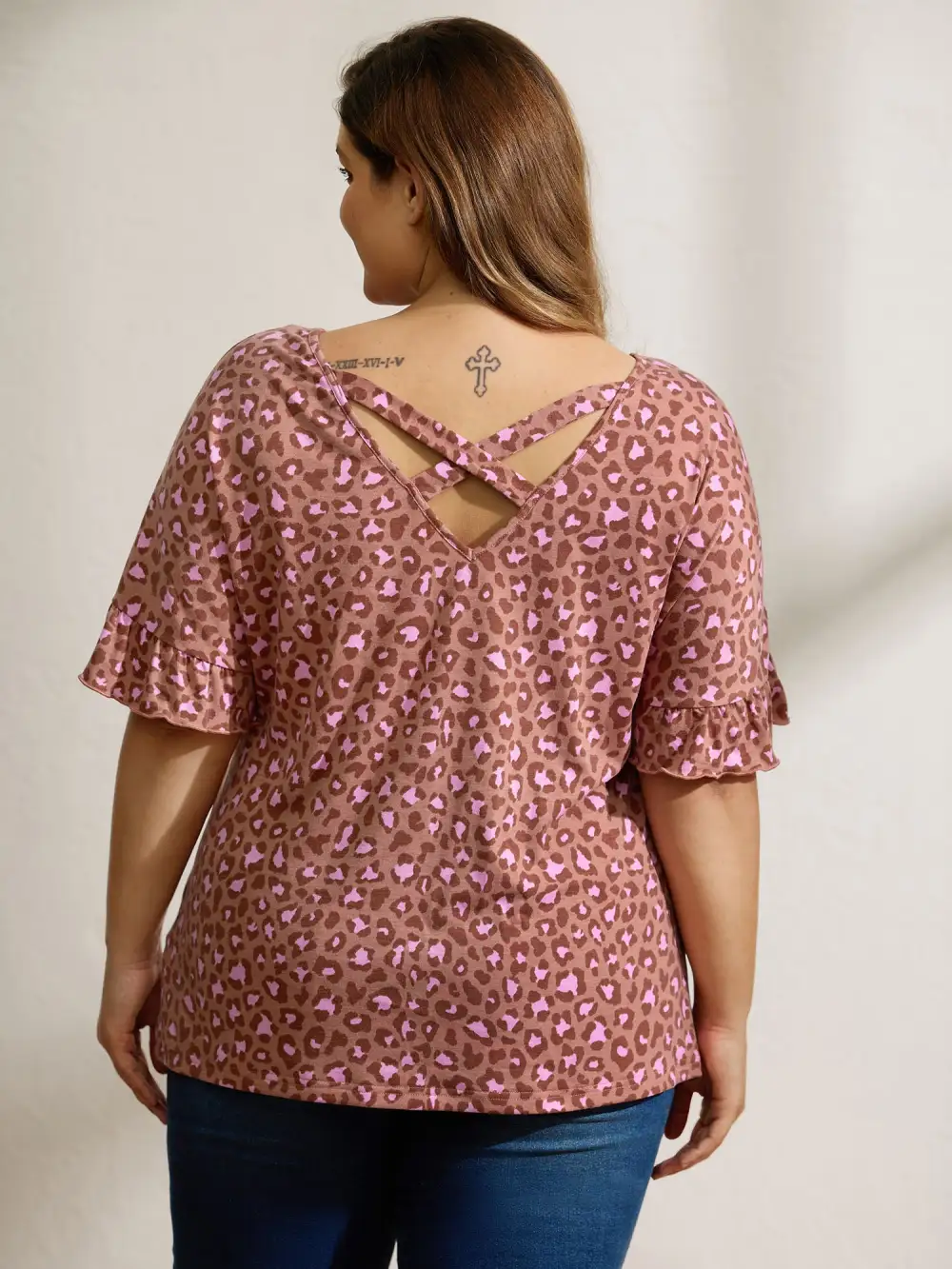 Blushing Leopard Print Cross-Strap Back T-Shirt