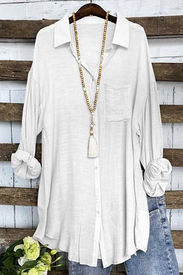 Solid Button Up Linen Tunic Top