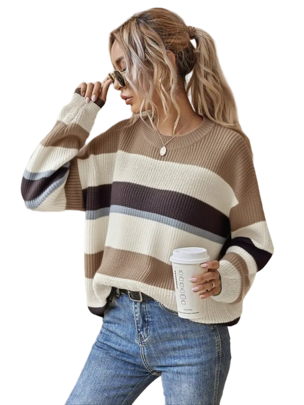 Women's Colorblock Striped Drop Shoulder Sweater