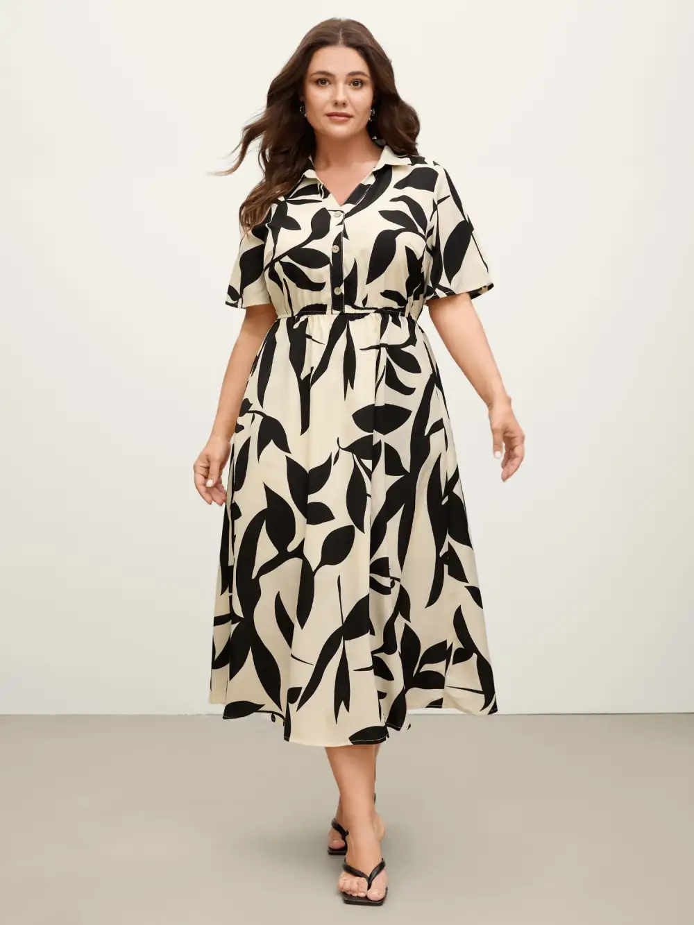 Leaf Print Buttons Waist-Defining Midi Dress