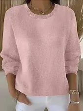 Women's Sweater Fashion Streetwear Casual Pure Color Ribbed Crew Neck Knitted Long Sleeve Regular Tops Knit Outdoor Daily Weekend Yellow Pink Fall Winter