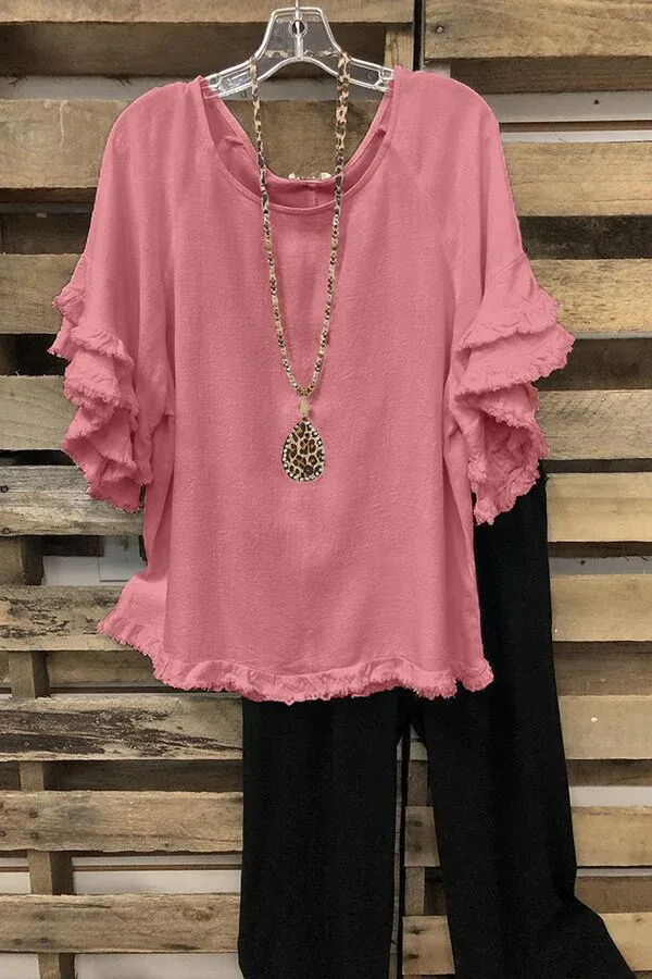 Solid Casual Loose Ruffle Sleeve T-shirt Top