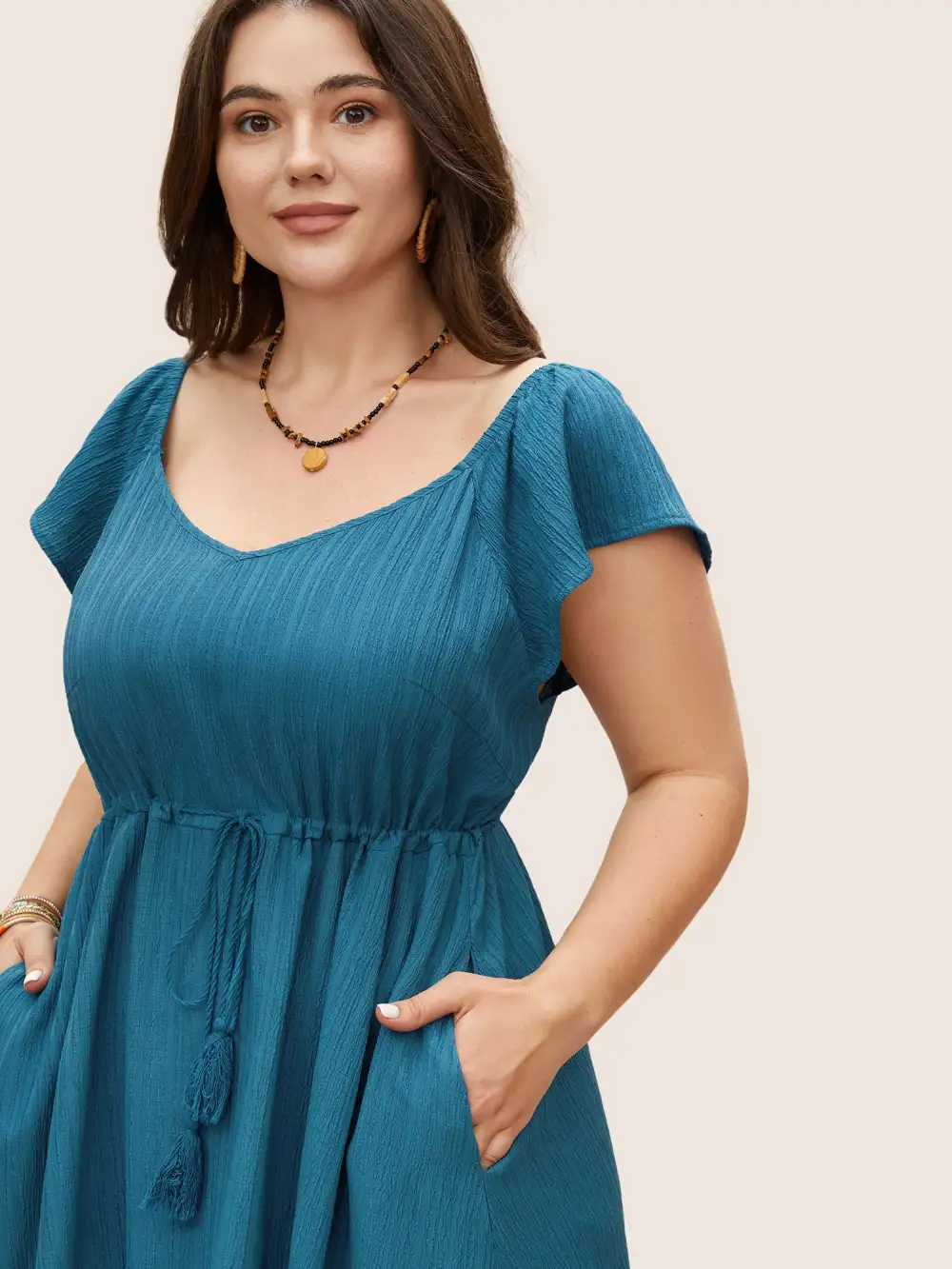 Texture Drawstring Tie Knot Tassels Dress