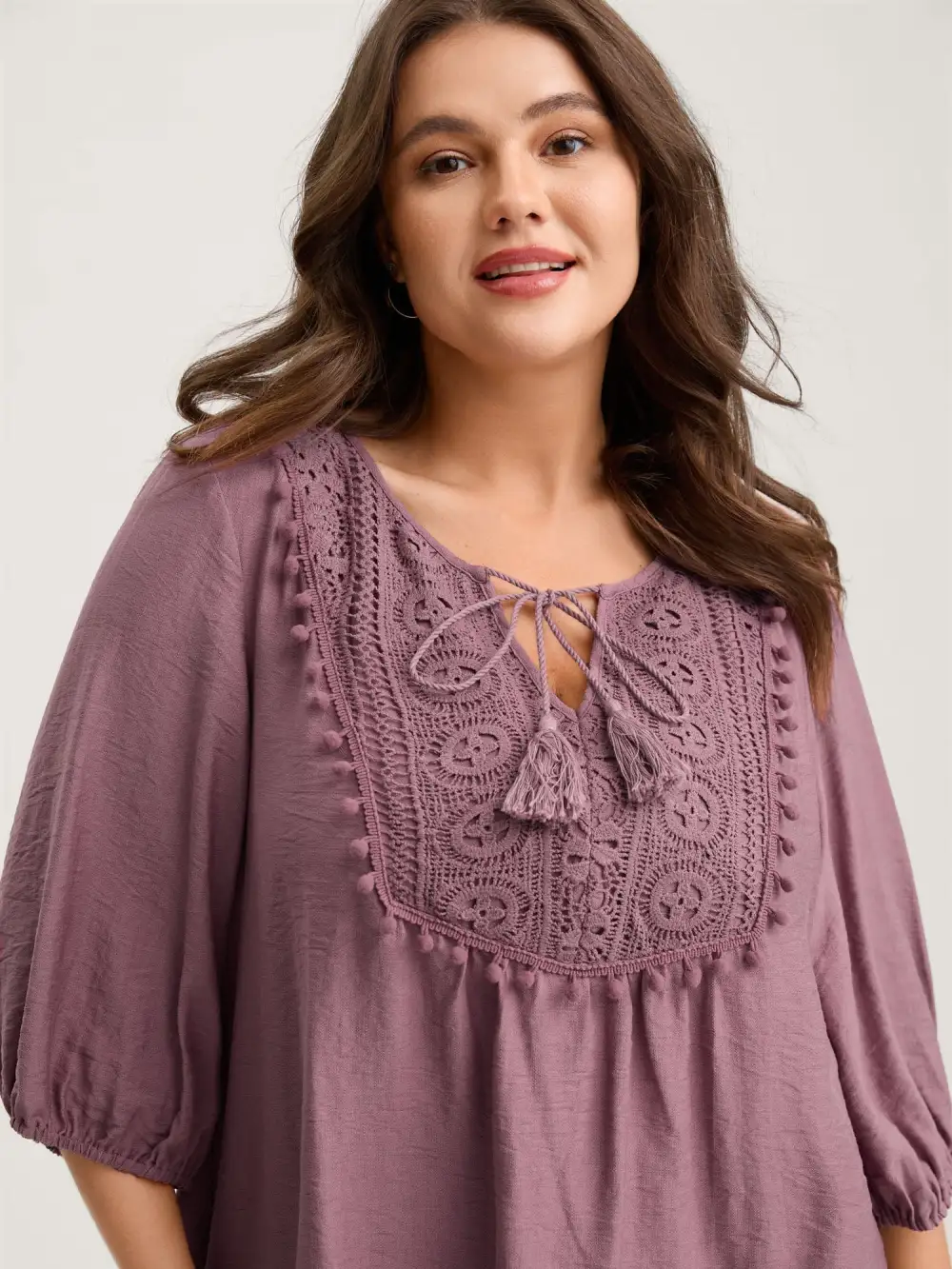 Lace Neck Tie Flowy Solid Blouse