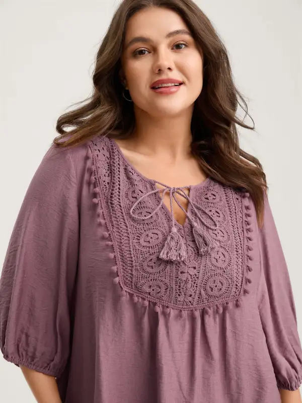 Lace Neck Tie Flowy Solid Blouse
