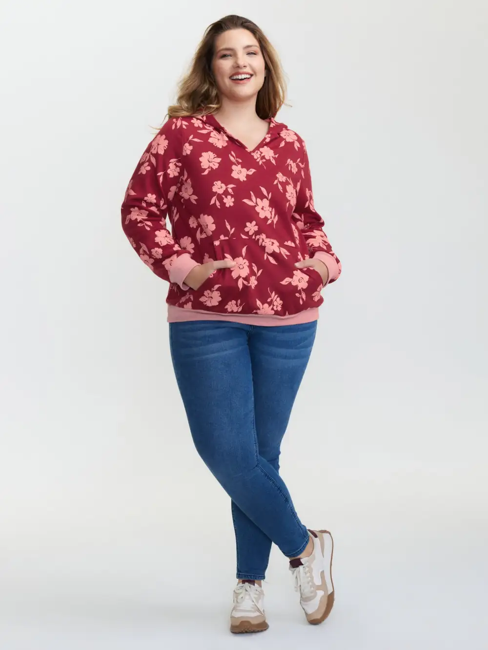 Floral Print Contrast Pockets Hoodie