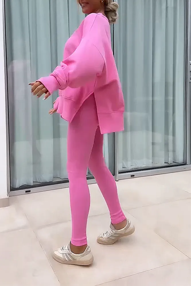 Women's solid color round neck top and pants two-piece set