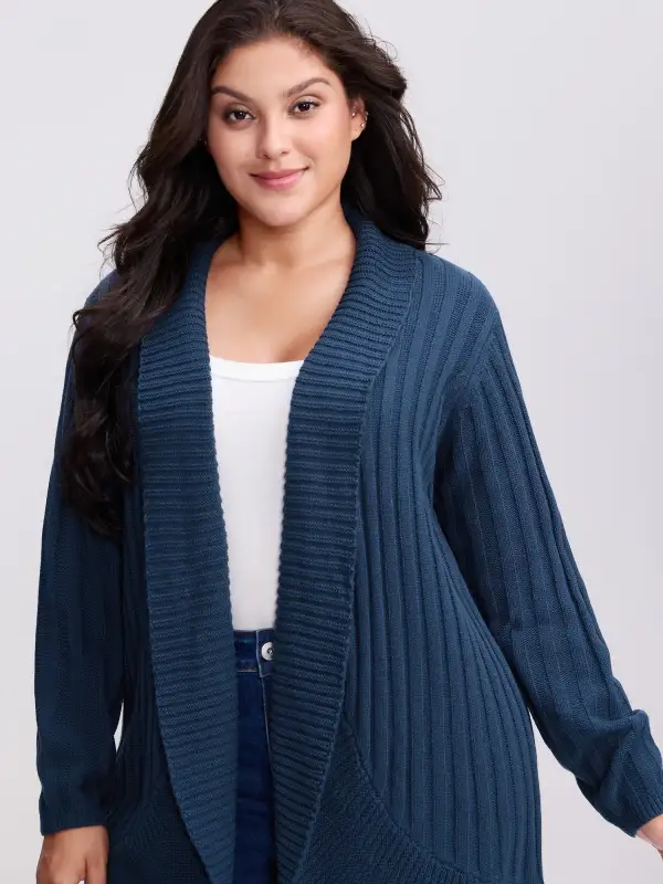 Folded Collar Ribbed Curvy Knit Cardigan