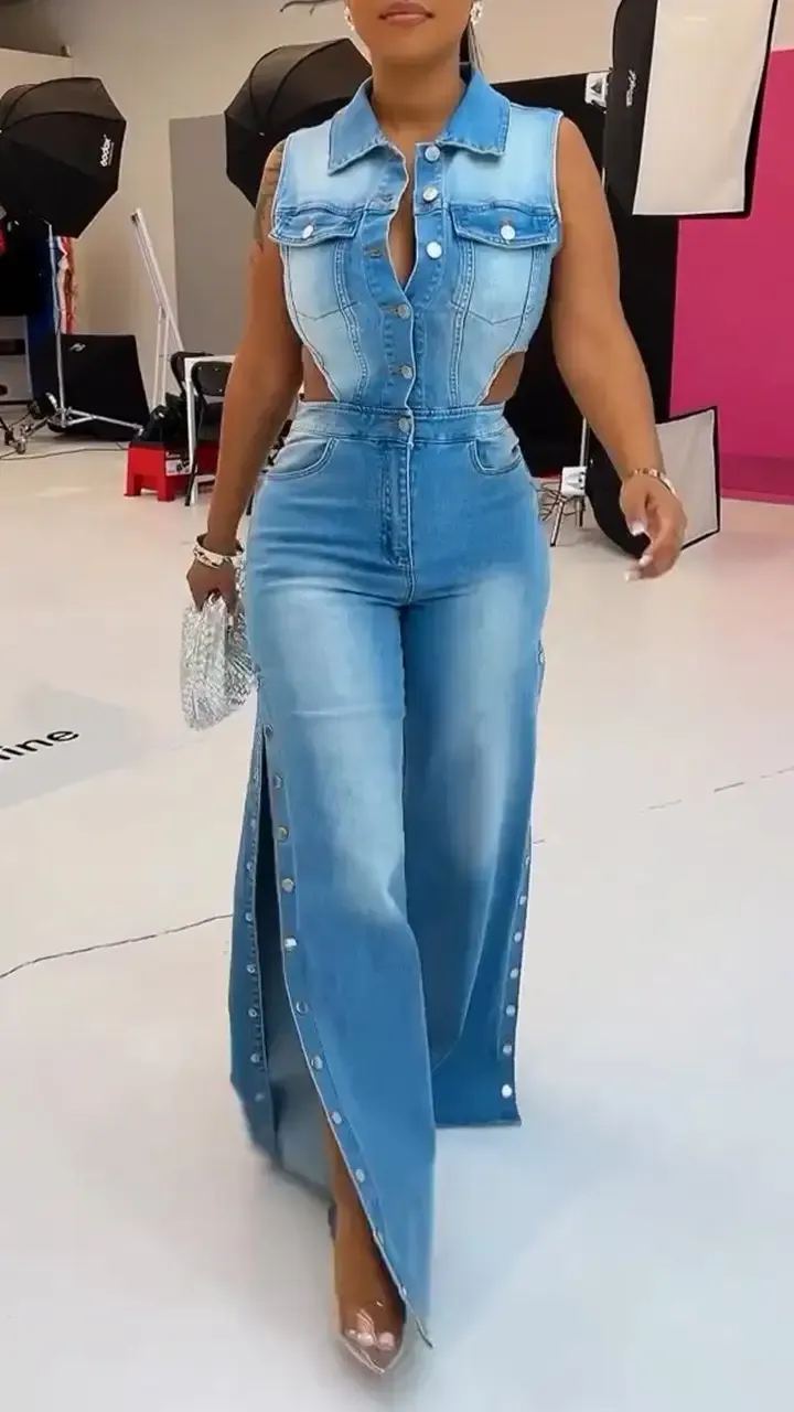 Women's Lapel Hollow Slit Denim Jumpsuit