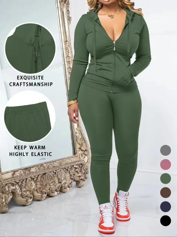 Women's Fall 2-Piece Set: Zipper Hoodie & Skinny Pants (Pocket Design)