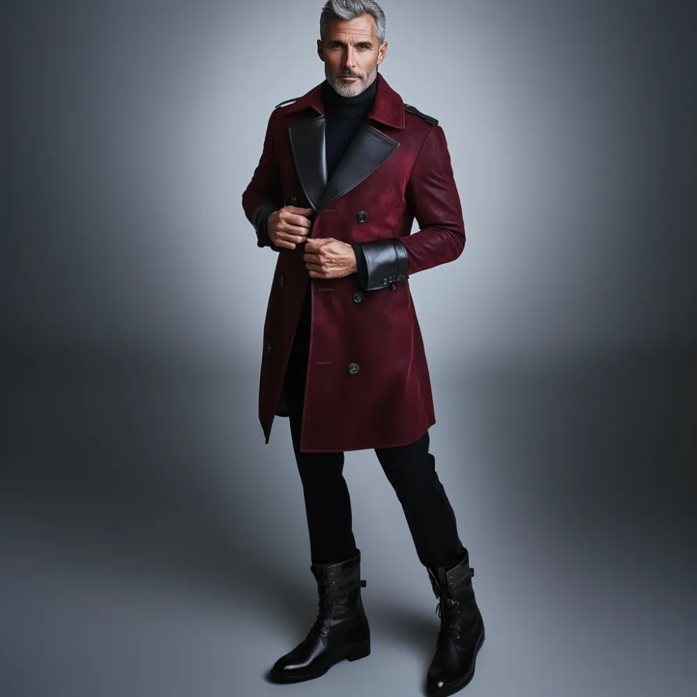 Men's Business Suede PU Leather Patchwork Double Breasted Lapel Overcoat