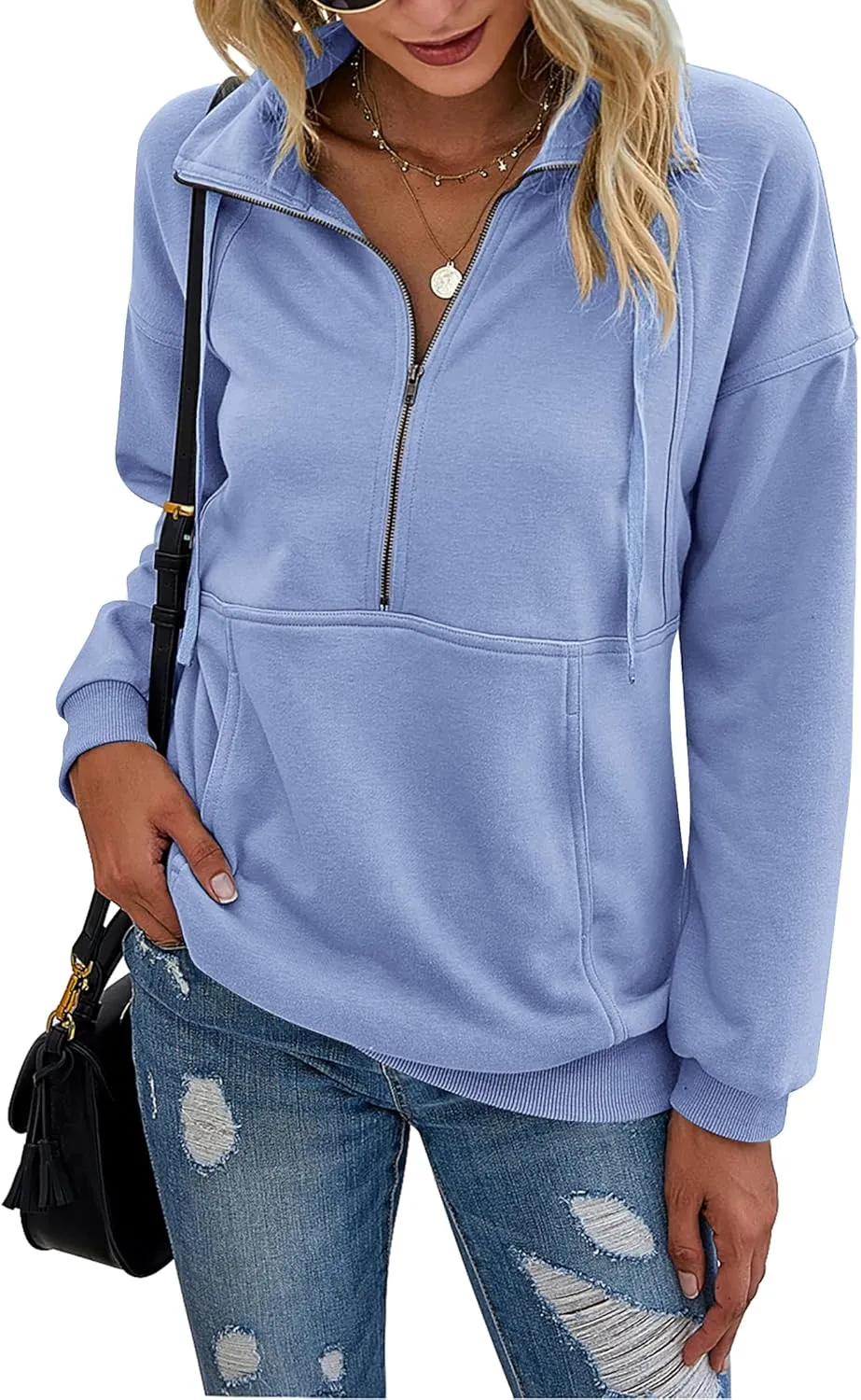 Women's Casual Long Sleeve Lapel Zipper Sweatshirt Drawstring Loose Pullover Tops