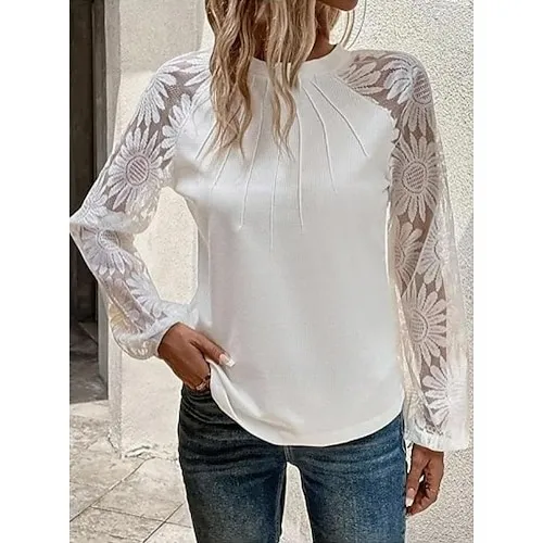 Women's Blouse Textured Ribbed Solid Color Eyelet Daily Elegant Stylish Puff Sleeve Long Sleeve