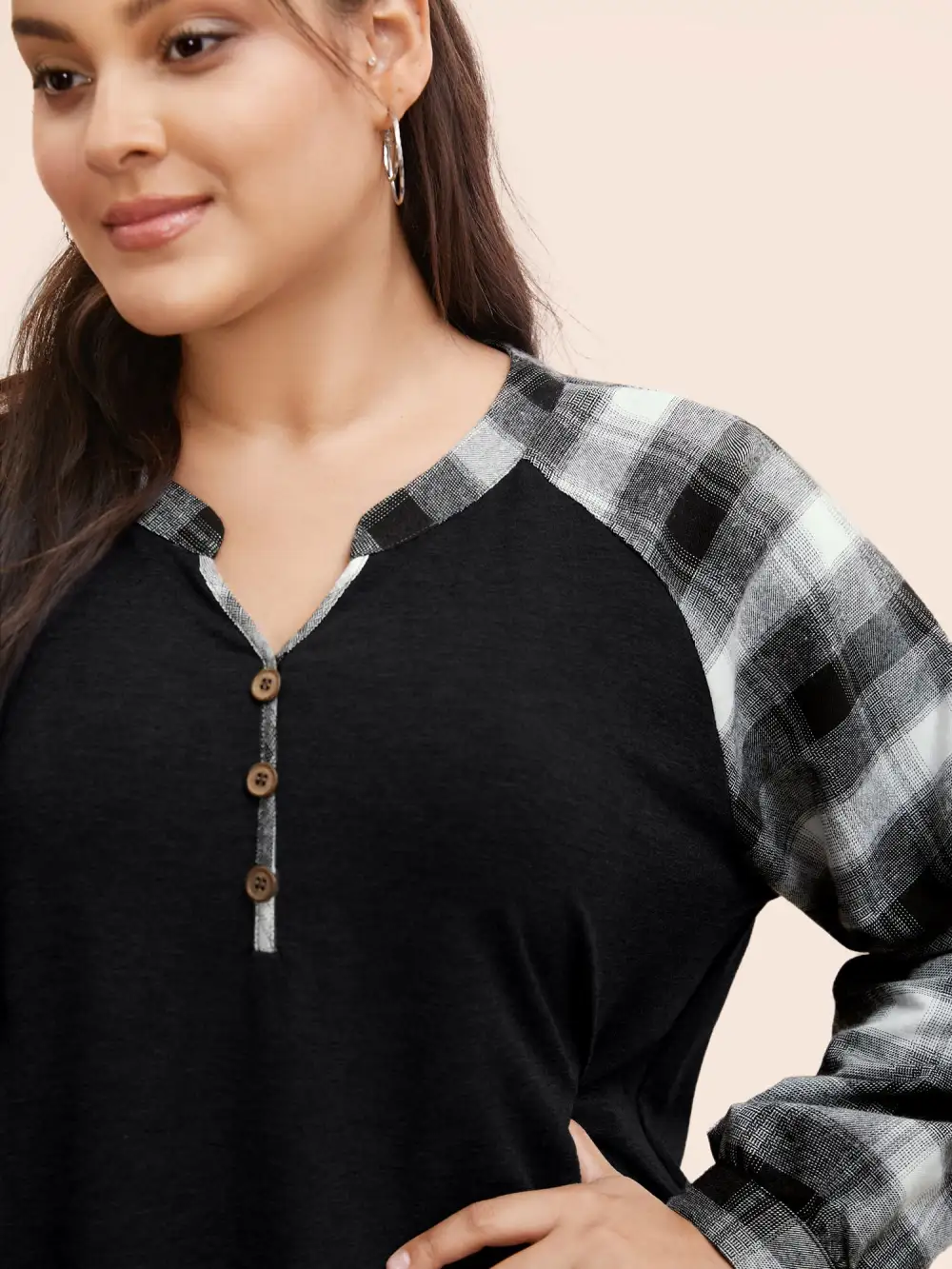Plaid Patchwork Notched Button Detail Sweatshirt