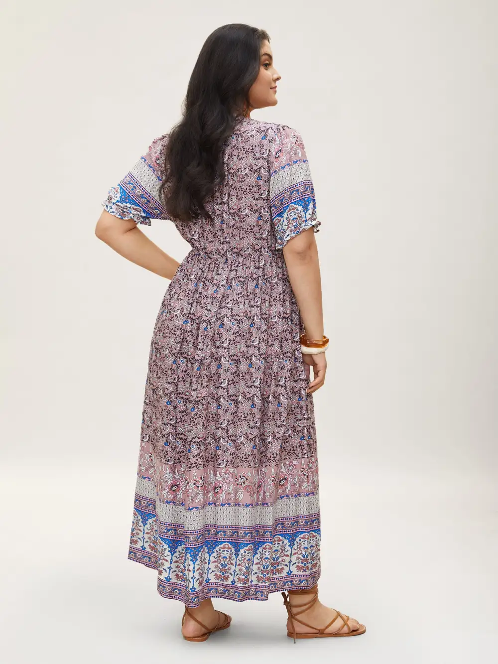 Boho Print Notched Ties Tassel Trim Dress