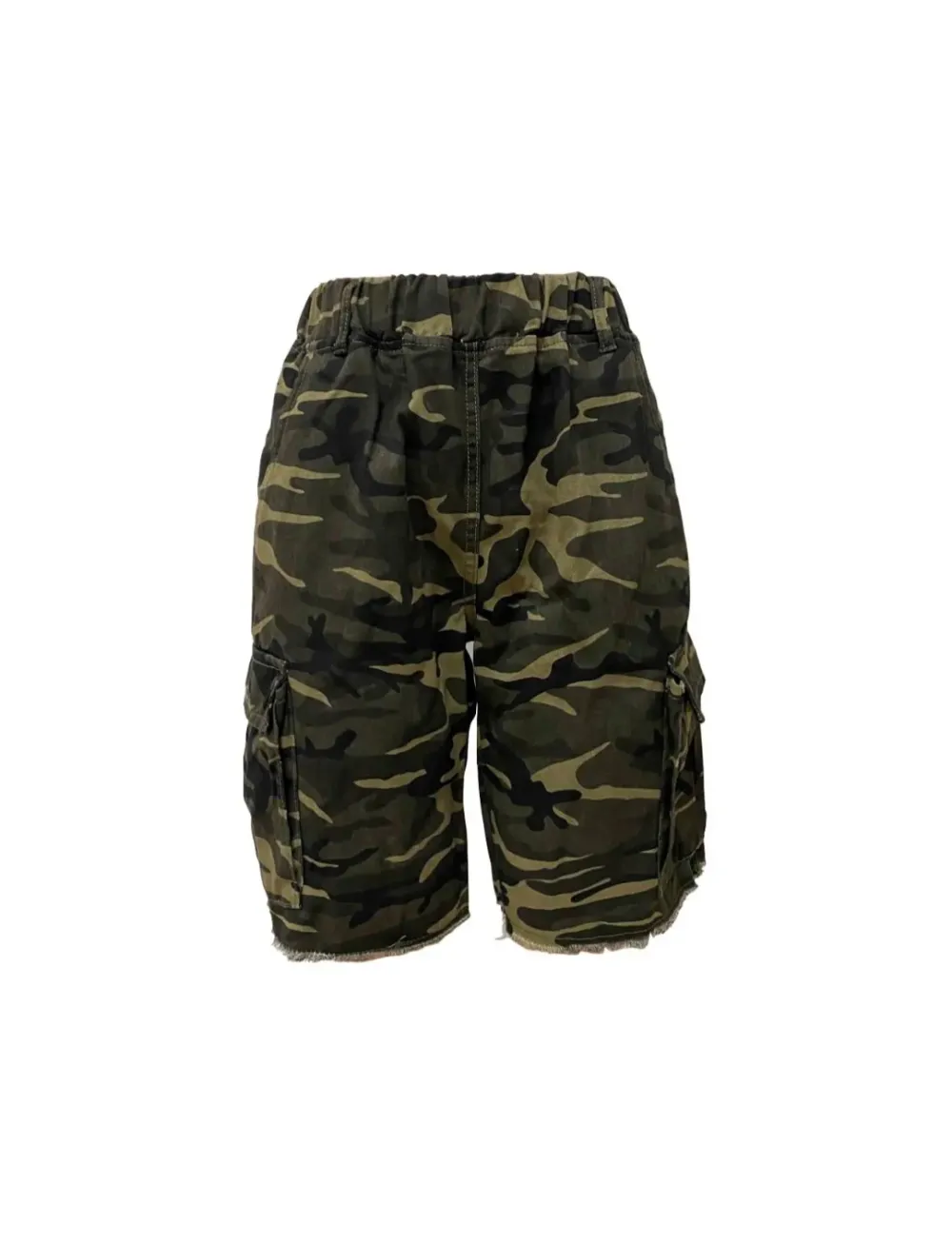 Women's Camo Print Straight-Leg Shorts with Pockets-Raw Hem, Elastic Waist