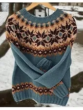 Women's Sweater Fair Isle Sweater Pullover Casual Soft Floral Ribbed Crew Neck Knitted Print Long Sleeve Regular Tops Knit Outdoor Daily Holiday Red Blue Fall Winter