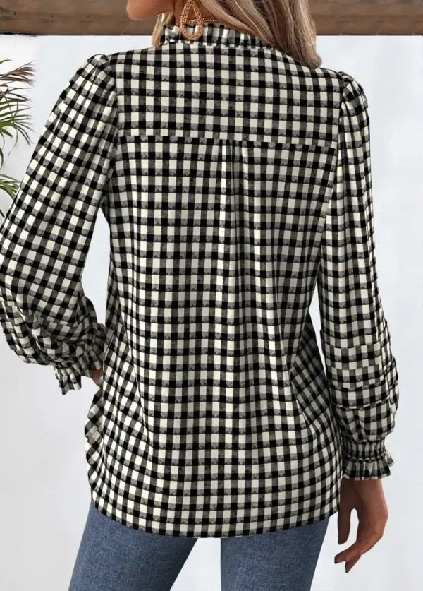 Black Tummy Coverage Plaid Long Sleeve Split Neck Shirt