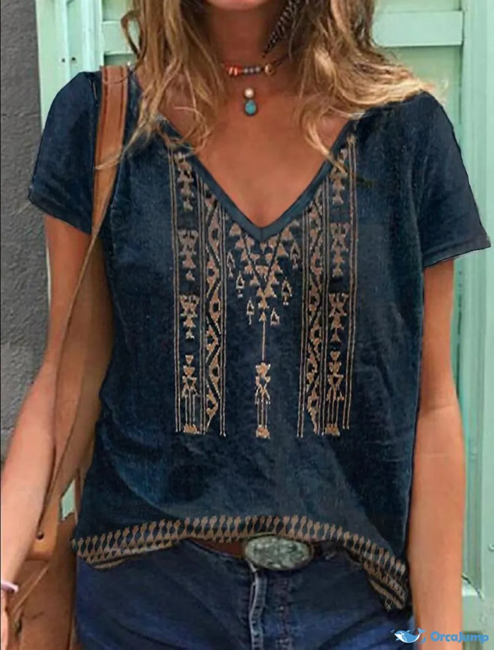 Women's V-Neck Geometric Print Essential T-Shirt - Blue S