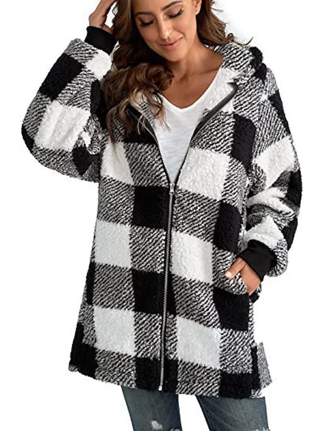 Women's Fleece Jacket Fleece Basic Pocket Zip Up Black Light Green Red Plaid Street Casual Hoodie Long Sleeve Top Micro-elastic Fall & Winter