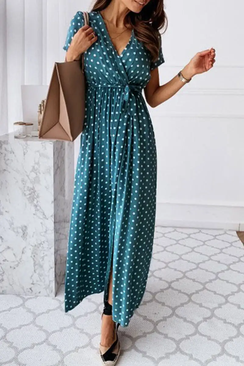 Fashion Sexy Dot Slit V Neck Printed Dresses(4 Colors)