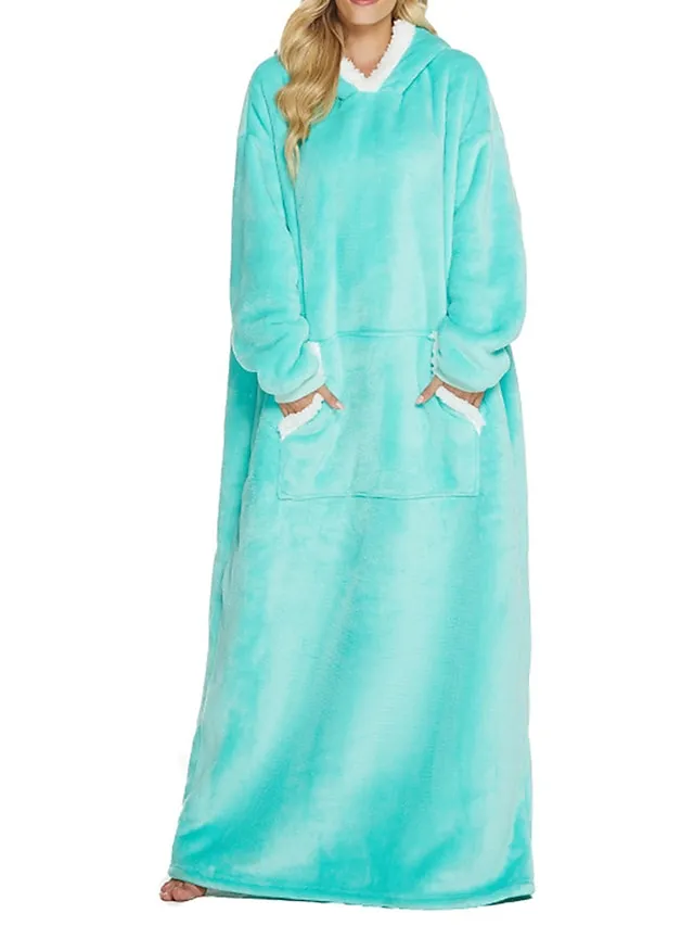 Women's Wearable Blanket Hoodie Blanket Pajama Loungewear Pure Color Warm Plush Casual Home Daily Bed Flannel Warm Breathable Hoodie Long Sleeve Pocket Fall Winter Lake blue Black