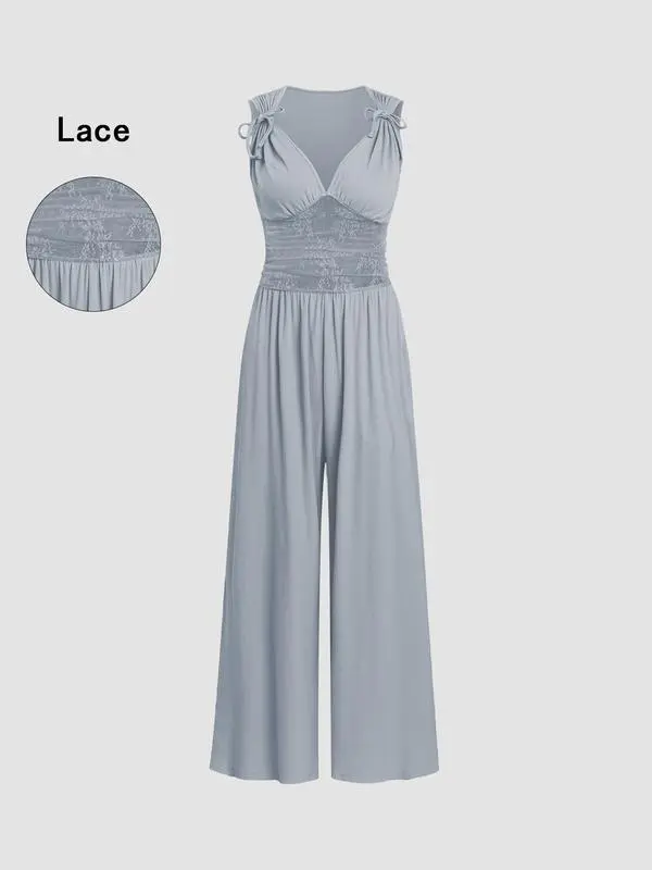 Women's Sleeveless Ruched V-Neck Ribbed Jumpsuit – Minimalist Wide-Leg One-Piece