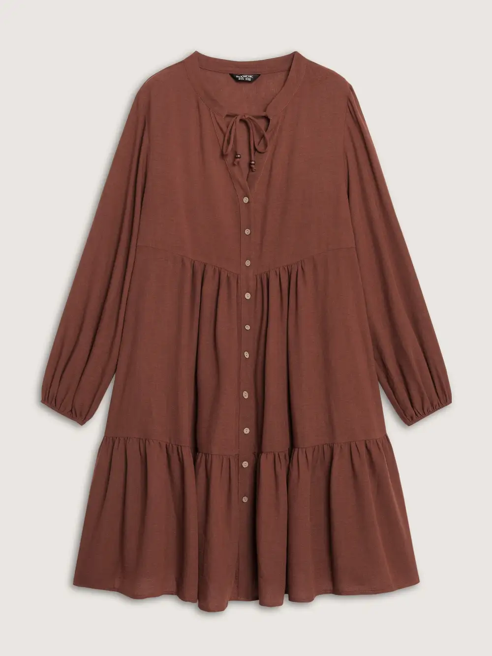 Drawstring Neck Tiered Balloon Sleeve Midi Dress