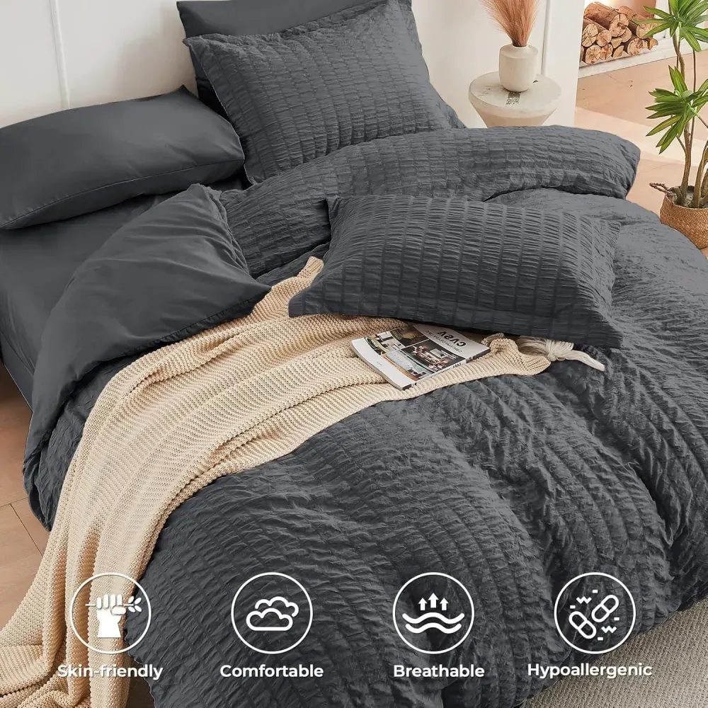 Queen Comforter Set Seersucker 7 Pieces, All Season Luxury Bed in a Bag for Bedroom, Bedding Set with Comforters, Sheets, Pillowcases & Shams, Dark Grey