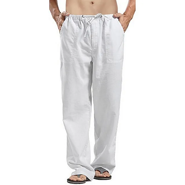 Men's Linen Pants Trousers Summer Pants Beach Pants Pocket Drawstring Elastic Waistband Plain Comfort Breathable Full Length Daily Streetwear Linen / Cotton Blend Fashion Casual / Sporty Loose Fit