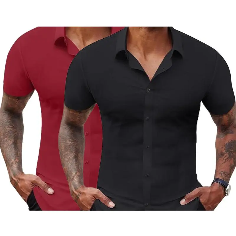 Stretch Dress Shirts for Men Short Sleeve Slim Fit Casual Button Down Shirts Muscle Fit Men's Dress Shirts