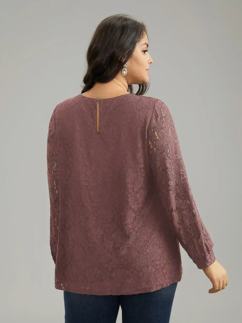 Solid Crochet Lace Mesh Crew Neck Blouse