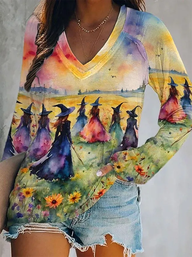 Women's Halloween Sweatshirt Pullover Witch Halloween Print Yellow Casual Crew Neck Long Sleeve Top Micro-elastic Spring Fall & Winter
