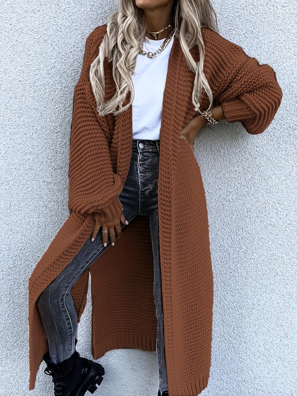 Solid Open Front Side Split Cardigan, Casual Long Sleeve Cardigan For Spring & Fall, Women's Clothing